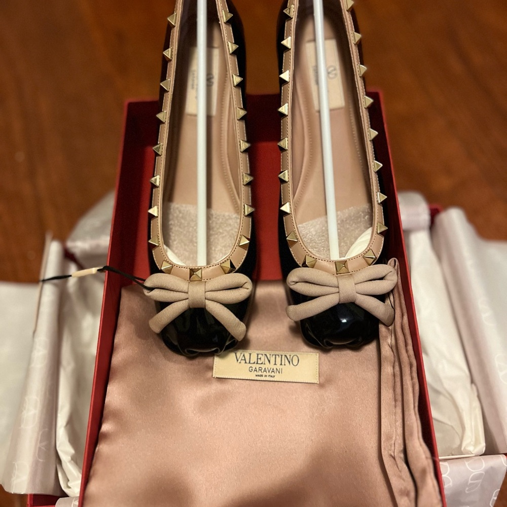 Valentino Garavani Black and Beige Studded Ballerina Flats